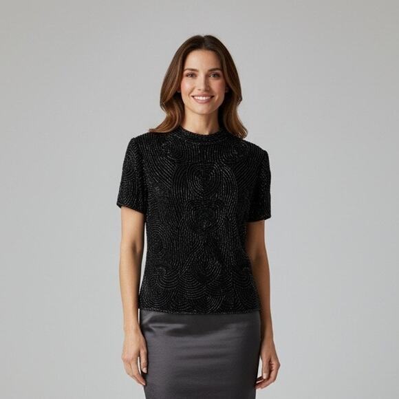 Papell Boutique Evening Beaded Sequin Silk Top Black Short Sleeve Size Small - Picture 1 of 16